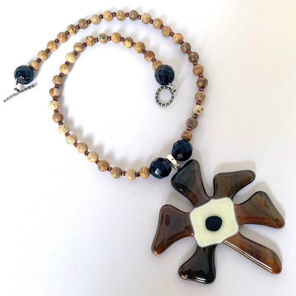 Fused Glass Flower Pendant Beaded Strand Statement Necklace Handmade - Picture 1 of 6